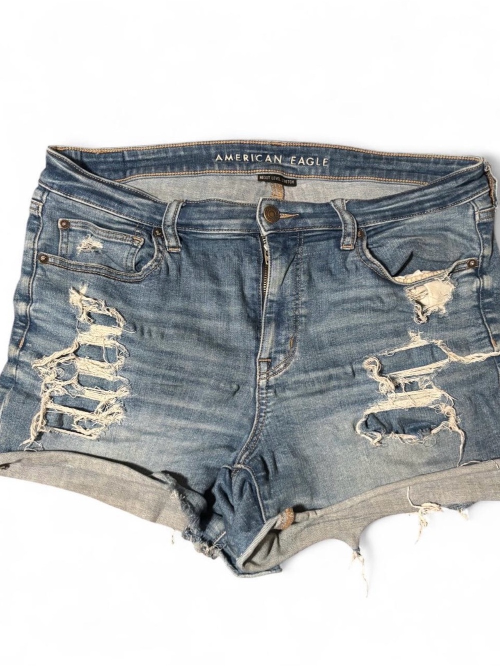 American Eagle Distressed Denim Shorts Size 12 High Rise Stretch